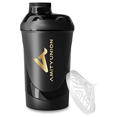 AMITYUNION Protein Shaker The ORIGINAL van proteïne shaker lekvrij BPA-vrij met zeef, weegschaal voor romige wei shakes, gym fitness cup voor isolaten en sportconcentraten (Zwart Goud) AMITYUNION Protein Shaker The ORIGINAL van proteïne shaker lekvrij BPA-vrij met zeef, weegschaal voor romige wei shakes, gym fitness cup voor isolaten en sportconcentraten (Zwart Goud)