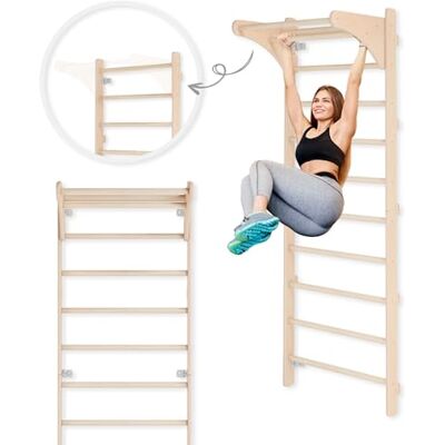 MAMOI Espalier met optrekstang voor volwassenen (230 cm), klimwand van hout, multifunctioneel fitnessapparaat, klimladder voor volwassenen en kinderen, 100% milieuvriendelijk, Made in EU MAMOI Espalier met optrekstang voor volwassenen (230 cm), klimwand van hout, multifunctioneel fitnessapparaat, klimladder voor volwassenen en kinderen, 100% milieuvriendelijk, Made in EU