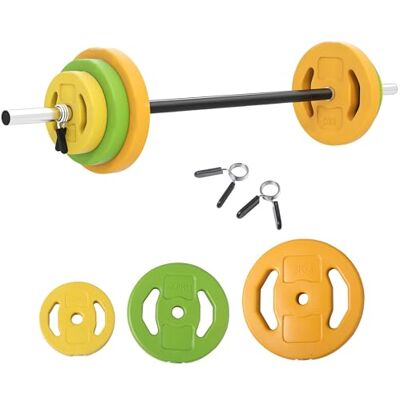 HOMCOM Halter en stangset, 20 kg, eendelige stang, oranje, groen, geel Met 6 halterschijven van 1,5 kg, 2,5 kg en 5 kg, sportschool voor krachttraining, metaal HOMCOM Halter en stangset, 20 kg, eendelige stang, oranje, groen, geel Met 6 halterschijven van 1,5 kg, 2,5 kg en 5 kg, sportschool voor krachttraining, metaal