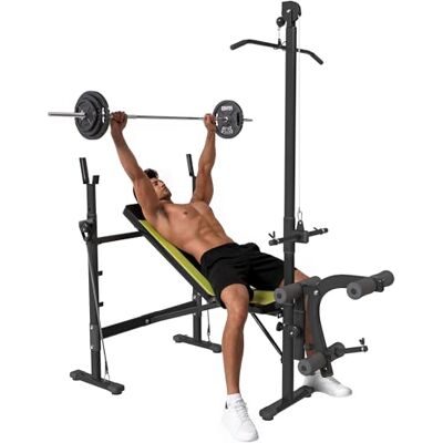 HOMCOM Krachtbank, tractie, verstelbare rugleuning, curler, zwart, geel Volledige training, touwen, stanghouders en halters HOMCOM Krachtbank, tractie, verstelbare rugleuning, curler, zwart, geel Volledige training, touwen, stanghouders en halters