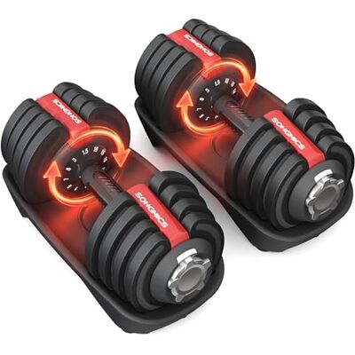SONGMICS Set van 2 verstelbare halters 12-in-1, gewichtsset 1,5 tot 18 kg, ruimtebesparend, antislip handgreep, opbergplaten, fitness en krachttraining thuis, zwart en rood SYL536R101 SONGMICS Set van 2 verstelbare halters 12-in-1, gewichtsset 1,5 tot 18 kg, ruimtebesparend, antislip handgreep, opbergplaten, fitness en krachttraining thuis, zwart en rood SYL536R101