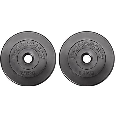 Bad Company Halterschijven 30/31 mm van kunststof per paar (1-30 kg) of in een set (3-90 kg), gewichten voor lange en korte halters Bad Company Halterschijven 30/31 mm van kunststof per paar (1-30 kg) of in een set (3-90 kg), gewichten voor lange en korte halters