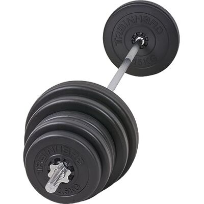Train Hard 85 kg lange halterset, bestaande uit 1,8 m halterstang, schroef- en gewichtssluitingen (2 x 2,5 kg, 4 x 5 kg, 2 x 10 kg, 2 x 15 kg) Train Hard 85 kg lange halterset, bestaande uit 1,8 m halterstang, schroef- en gewichtssluitingen (2 x 2,5 kg, 4 x 5 kg, 2 x 10 kg, 2 x 15 kg)