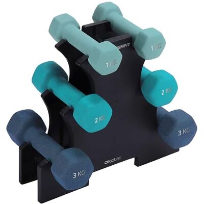 Cecotec DrumFit Dumbbell 123 neopreen halters, 6 stuks, 1, 2 en 3 kg, met neopreen coating met hoge grip, alle soorten gebruikers, inclusief standaard Cecotec DrumFit Dumbbell 123 neopreen halters, 6 stuks, 1, 2 en 3 kg, met neopreen coating met hoge grip, alle soorten gebruikers, inclusief standaard