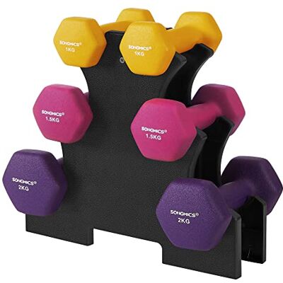 SONGMICS Hexagon korte halterset met houder, 2 x 1 kg, 2 x 1,5 kg, 2 x 2 kg, matte neopreen afwerking, krachttraining voor thuis SONGMICS Hexagon korte halterset met houder, 2 x 1 kg, 2 x 1,5 kg, 2 x 2 kg, matte neopreen afwerking, krachttraining voor thuis