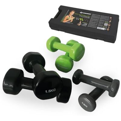Schildkröt Fitness Vinyl halterset (2 x 0,5 kg, 2 x 1 kg, 2 x 1,5 kg), in transportkoffer, grijs/zwart/groen Schildkröt Fitness Vinyl halterset (2 x 0,5 kg, 2 x 1 kg, 2 x 1,5 kg), in transportkoffer, grijs/zwart/groen