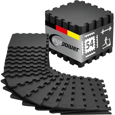 EYEPOWER 54 fitnesstegels, 30 x 30 cm, zwart, puzzelmat, schokbestendig, voor thuis, fitnessstudio, vloerbescherming, sporttoestellen, hardlopen, crosstrainer, krachttraining, vloerbedekking, training EYEPOWER 54 fitnesstegels, 30 x 30 cm, zwart, puzzelmat, schokbestendig, voor thuis, fitnessstudio, vloerbescherming, sporttoestellen, hardlopen, crosstrainer, krachttraining, vloerbedekking, training