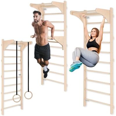 MAMOI Gymnastiekladder met handvat en sausstangen, ladder met sporten met verstelbare houten ringen voor krachttraining en rekken, wandmontage, houders MAMOI Gymnastiekladder met handvat en sausstangen, ladder met sporten met verstelbare houten ringen voor krachttraining en rekken, wandmontage, houders