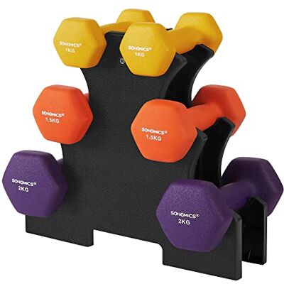 SONGMICS Hexagon korte halterset met houder, 2 x 1 kg, 2 x 1,5 kg, 2 x 2 kg, matte neopreen afwerking, krachttraining voor thuis SONGMICS Hexagon korte halterset met houder, 2 x 1 kg, 2 x 1,5 kg, 2 x 2 kg, matte neopreen afwerking, krachttraining voor thuis