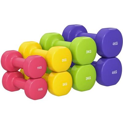 HOMCOM Set zeshoekige halters, totaal 20 kg, 8 stuks, meerkleurig Korte halters voor sportschool, 1 kg 4 kg, PU-coating, voor thuis, staal HOMCOM Set zeshoekige halters, totaal 20 kg, 8 stuks, meerkleurig Korte halters voor sportschool, 1 kg 4 kg, PU-coating, voor thuis, staal