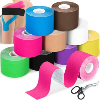Vautvis Kinesio Tape, 9 stuks, sportband, 5 m x 5 cm, met speciale schaar, sport-kinesiotape voor spieren, waterdichte en elastische tape voor sport Vautvis Kinesio Tape, 9 stuks, sportband, 5 m x 5 cm, met speciale schaar, sport-kinesiotape voor spieren, waterdichte en elastische tape voor sport