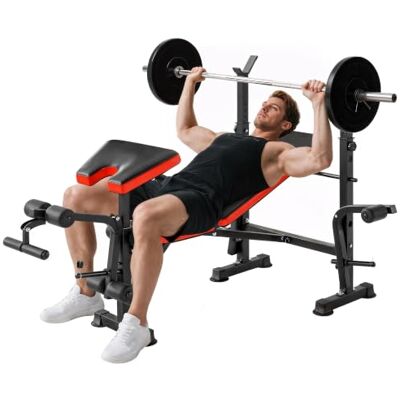 HOMCOM Halterbank, fitness, staal, 175 x 139 x 127 cm, zwart en rood Volledige training, halterhouder, verstelbare rugleuning HOMCOM Halterbank, fitness, staal, 175 x 139 x 127 cm, zwart en rood Volledige training, halterhouder, verstelbare rugleuning