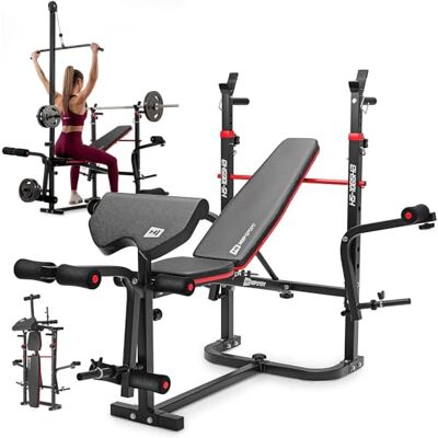HS HOP-SPORT Hop-Sport HS-1065 Opvouwbare halterbank met hoge katrol, complete trainingsbank met halterhouder en beenpers, multifunctioneel voor bankdrukken met vlinder HS HOP-SPORT Hop-Sport HS-1065 Opvouwbare halterbank met hoge katrol, complete trainingsbank met halterhouder en beenpers, multifunctioneel voor bankdrukken met vlinder