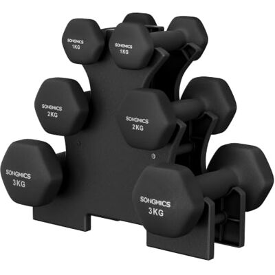 SONGMICS Zeshoekige halterset, met houder, 6-delig Fitnessgewicht, antislip, 12 kg, ijzer en pvc, 30,6 x 10 x 27 cm, zwart, Stefan collectie, SYL612B101 SONGMICS Zeshoekige halterset, met houder, 6-delig Fitnessgewicht, antislip, 12 kg, ijzer en pvc, 30,6 x 10 x 27 cm, zwart, Stefan collectie, SYL612B101