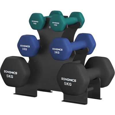 SONGMICS Hexagon korte halterset met houder, 2 x 1 kg, 2 x 1,5 kg, 2 x 2 kg, matte neopreen afwerking, krachttraining voor thuis SONGMICS Hexagon korte halterset met houder, 2 x 1 kg, 2 x 1,5 kg, 2 x 2 kg, matte neopreen afwerking, krachttraining voor thuis