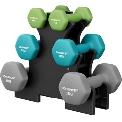 SONGMICS Musuclation Halterset, gewichten, met opbergstandaard, fitness, vinyl coating SONGMICS Musuclation Halterset, gewichten, met opbergstandaard, fitness, vinyl coating