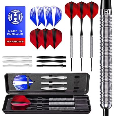 Harrows Caliber dartset 90% wolfraam met stalen punt 21 g, 23 g en 25 g inclusief reservestaven, Prime flights en draagtas Harrows Caliber dartset 90% wolfraam met stalen punt 21 g, 23 g en 25 g inclusief reservestaven, Prime flights en draagtas