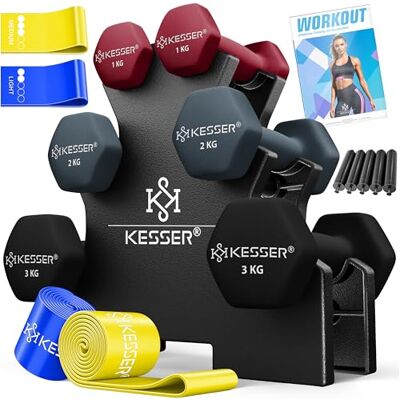 KESSER Halterset, 3 paar, 1 kg, 5 kg, 12 kg of 18 kg, halterset met opbergstandaard, halters, halterstandaard, halterstandaard, halterstandaard, halterhouder, neopreen, antislip KESSER Halterset, 3 paar, 1 kg, 5 kg, 12 kg of 18 kg, halterset met opbergstandaard, halters, halterstandaard, halterstandaard, halterstandaard, halterhouder, neopreen, antislip