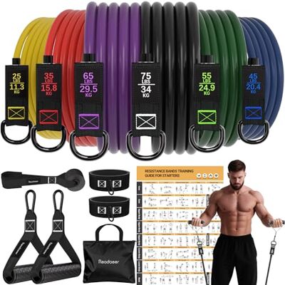 READAEER Elastique Musculation avec 5/6 Niveaux différents allant jusqu'à 68KG avec Poignées, Ancrage de Porte, Sangles de Cheville, Idéales pour de TRX ou Gymnase READAEER Elastique Musculation avec 5/6 Niveaux différents allant jusqu'à 68KG avec Poignées, Ancrage de Porte, Sangles de Cheville, Idéales pour de TRX ou Gymnase