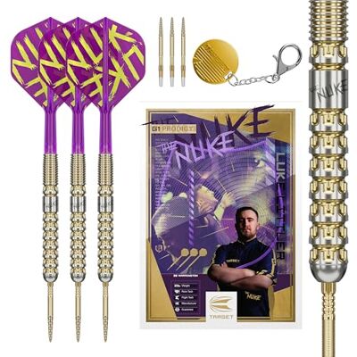 Target Darts Luke Littler Gen 1 Prodigy Steel Tip Swiss Point Darts, 90% wolfraam dart, 22G/23G/24G Generatie 1 Gold Steel Tip Dart, Player Edition Swiss Points Dart Sets, K-Flex Flights en schepen Target Darts Luke Littler Gen 1 Prodigy Steel Tip Swiss Point Darts, 90% wolfraam dart, 22G/23G/24G Generatie 1 Gold Steel Tip Dart, Player Edition Swiss Points Dart Sets, K-Flex Flights en schepen