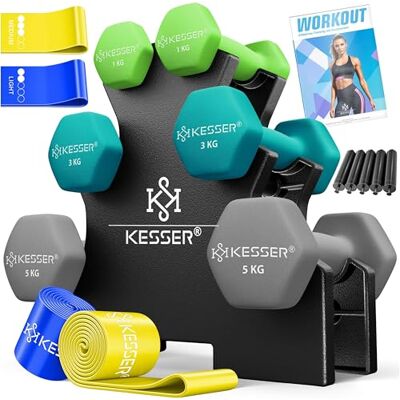 KESSER Halterset, 3 paar, 1 kg, 5 kg, 12 kg of 18 kg, halterset met opbergstandaard, halters, halterstandaard, halterstandaard, halterstandaard, halterhouder, neopreen, antislip KESSER Halterset, 3 paar, 1 kg, 5 kg, 12 kg of 18 kg, halterset met opbergstandaard, halters, halterstandaard, halterstandaard, halterstandaard, halterhouder, neopreen, antislip