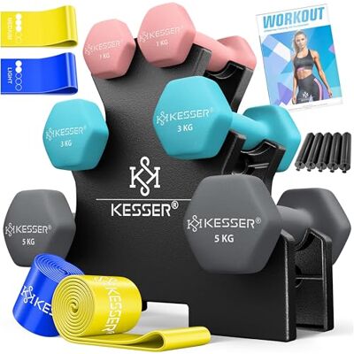 KESSER Halterset, 3 paar, 1 kg, 5 kg, 12 kg of 18 kg, halterset met opbergstandaard, halters, halterstandaard, halterstandaard, halterstandaard, halterhouder, neopreen, antislip KESSER Halterset, 3 paar, 1 kg, 5 kg, 12 kg of 18 kg, halterset met opbergstandaard, halters, halterstandaard, halterstandaard, halterstandaard, halterhouder, neopreen, antislip