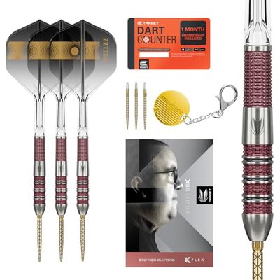 Target Darts Stephen Bunting 95K Swiss Point Steel Tip Dart Set, 18G/22G/23G Kflex Flights & Shafts, The Bullet Player Edition 95% ungsten Darts, Reserve Gold DX Points & Premium Sleutelhanger SP Target Darts Stephen Bunting 95K Swiss Point Steel Tip Dart Set, 18G/22G/23G Kflex Flights & Shafts, The Bullet Player Edition 95% ungsten Darts, Reserve Gold DX Points & Premium Sleutelhanger SP