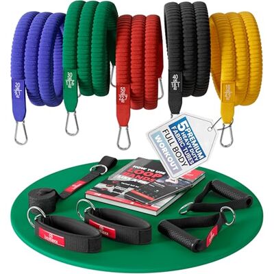 BeMaxx Elastische fitnessset voor krachttraining + oefengids, 5 x professionele weerstandsbanden + handgrepen, deuranker, voetriemen training pull-ups armen benen halter, dames heren BeMaxx Elastische fitnessset voor krachttraining + oefengids, 5 x professionele weerstandsbanden + handgrepen, deuranker, voetriemen training pull-ups armen benen halter, dames heren