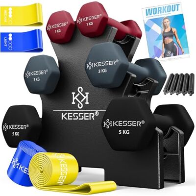 KESSER Halterset, 3 paar, 1 kg, 5 kg, 12 kg of 18 kg, halterset met opbergstandaard, halters, halterstandaard, halterstandaard, halterstandaard, halterhouder, neopreen, antislip KESSER Halterset, 3 paar, 1 kg, 5 kg, 12 kg of 18 kg, halterset met opbergstandaard, halters, halterstandaard, halterstandaard, halterstandaard, halterhouder, neopreen, antislip