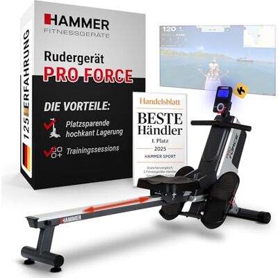 HAMMER Pro Force Roeitoestel, ruimtebesparend, licht en zeer effectief uithoudingsapparaat met 20 trainingsprogramma's en tablethouder, tot 120 kg gebruikersgewicht HAMMER Pro Force Roeitoestel, ruimtebesparend, licht en zeer effectief uithoudingsapparaat met 20 trainingsprogramma's en tablethouder, tot 120 kg gebruikersgewicht