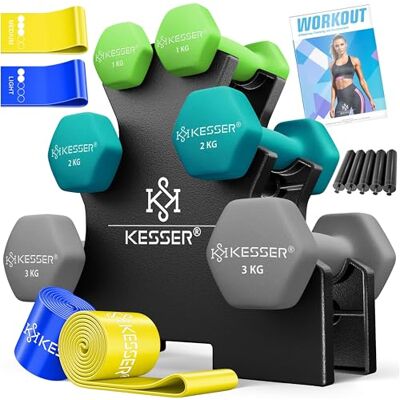 KESSER Halterset, 3 paar, 1 kg, 5 kg, 12 kg of 18 kg, halterset met opbergstandaard, halters, halterstandaard, halterstandaard, halterstandaard, halterhouder, neopreen, antislip KESSER Halterset, 3 paar, 1 kg, 5 kg, 12 kg of 18 kg, halterset met opbergstandaard, halters, halterstandaard, halterstandaard, halterstandaard, halterhouder, neopreen, antislip
