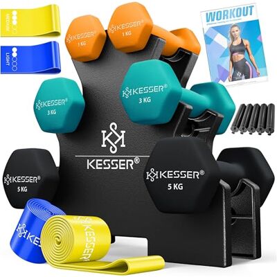 KESSER Halterset, 3 paar, 1 kg, 5 kg, 12 kg of 18 kg, halterset met opbergstandaard, halters, halterstandaard, halterstandaard, halterstandaard, halterhouder, neopreen, antislip KESSER Halterset, 3 paar, 1 kg, 5 kg, 12 kg of 18 kg, halterset met opbergstandaard, halters, halterstandaard, halterstandaard, halterstandaard, halterhouder, neopreen, antislip