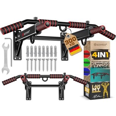 KESSER ® Barre de traction 4 en 1 pour montage mural, poignées antidérapantes, fonction supplémentaire pour cordes, anneaux et sacs de frappe avec différentes positions de préhension, sûre et stable KESSER ® Barre de traction 4 en 1 pour montage mural, poignées antidérapantes, fonction supplémentaire pour cordes, anneaux et sacs de frappe avec différentes positions de préhension, sûre et stable