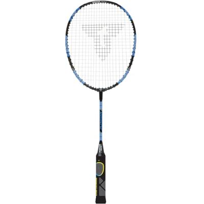 Talbot Torro leren badmintonschläger ELI Junior, gekrulde lengte 58 cm, leergreep, druppelkop, ideaal voor schoolsport en training, zwart/geel-blauw Talbot Torro leren badmintonschläger ELI Junior, gekrulde lengte 58 cm, leergreep, druppelkop, ideaal voor schoolsport en training, zwart/geel-blauw