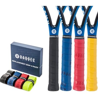 Raquex Enhance Set van 4 vervangende plakstrips voor badmintonrackets, tennis, squash. 13 kleuropties, geschenkverpakking van recyclebaar karton (zwart, blauw, rood, geel) Raquex Enhance Set van 4 vervangende plakstrips voor badmintonrackets, tennis, squash. 13 kleuropties, geschenkverpakking van recyclebaar karton (zwart, blauw, rood, geel)