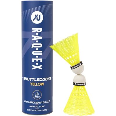 Raquex Badmintonstuurwielen – geel/wit, buis van 6 stuks – stuurwielen van volledig natuurlijke kurk, nylon veren – drie snelheidsopties – duurzame badmintonshuttles voor binnen en buiten Raquex Badmintonstuurwielen – geel/wit, buis van 6 stuks – stuurwielen van volledig natuurlijke kurk, nylon veren – drie snelheidsopties – duurzame badmintonshuttles voor binnen en buiten