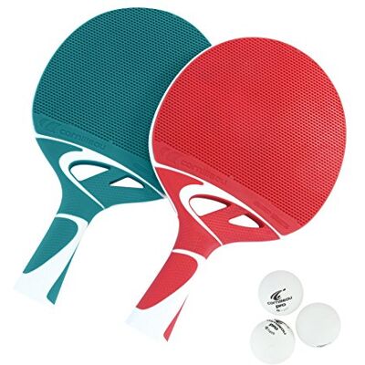 Cornilleau Tacteo Composite Duo tafeltennisset, 2 rackets en 3 ballen, turquoise/rood Cornilleau Tacteo Composite Duo tafeltennisset, 2 rackets en 3 ballen, turquoise/rood