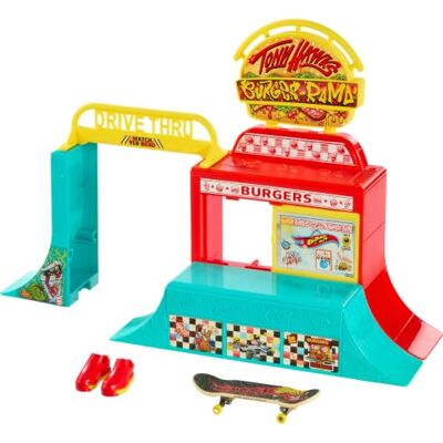 Hot Wheels Skate Burger set met exclusief fingerboard en paar schoenen, helling, grind rail en meerdere configuraties, JHV83 Hot Wheels Skate Burger set met exclusief fingerboard en paar schoenen, helling, grind rail en meerdere configuraties, JHV83