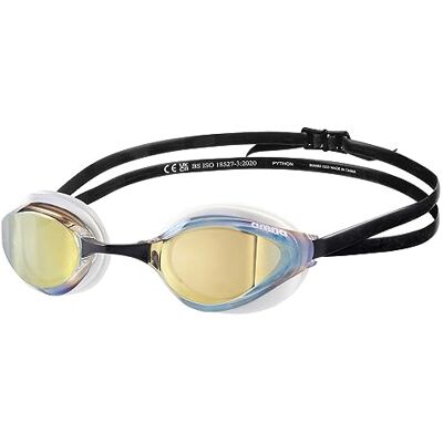 ARENA Python Racing Uniseks zwembril voor volwassenen voor dames en heren, spiegelglazen, anti-condens, maximaal comfort, dubbele riem, goud/wit/zwart ARENA Python Racing Uniseks zwembril voor volwassenen voor dames en heren, spiegelglazen, anti-condens, maximaal comfort, dubbele riem, goud/wit/zwart
