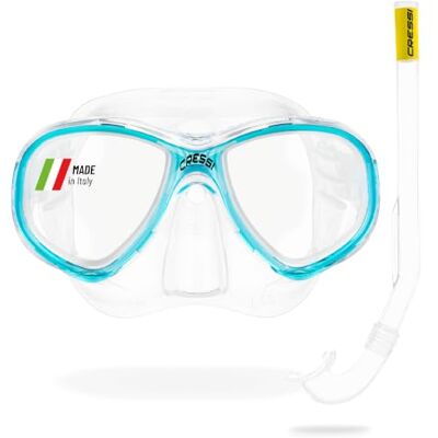 CRESSI Perla Jr + Minigringo Set voor duikmasker en snorkel, uniseks, jongeren, transparant/aquamarijn, één maat CRESSI Perla Jr + Minigringo Set voor duikmasker en snorkel, uniseks, jongeren, transparant/aquamarijn, één maat