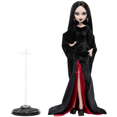 Monster Cable Morticia Addams pop draagt een zwarte en paarse fluwelen jurk met sieraden, op de serie geïnspireerde schoenen en een sokkel om te tentoonstellen, JLK99 Monster Cable Morticia Addams pop draagt een zwarte en paarse fluwelen jurk met sieraden, op de serie geïnspireerde schoenen en een sokkel om te tentoonstellen, JLK99