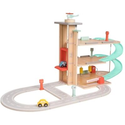 Owl & Fox Traditionele houten garage, garage met drie niveaus met hellingen, benzinepomp, autowas, parkeerbarrière, auto's, helikopter en accessoires, interactief rollenspel Owl & Fox Traditionele houten garage, garage met drie niveaus met hellingen, benzinepomp, autowas, parkeerbarrière, auto's, helikopter en accessoires, interactief rollenspel