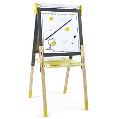 Janod Dubbelzijdig houten bord in grijs en geel, met een zwarte kant en een magnetische witte zijde, in hoogte verstelbaar, met een rol tekenpapier, veel accessoires, vanaf 3 jaar, J09630 Janod Dubbelzijdig houten bord in grijs en geel, met een zwarte kant en een magnetische witte zijde, in hoogte verstelbaar, met een rol tekenpapier, veel accessoires, vanaf 3 jaar, J09630