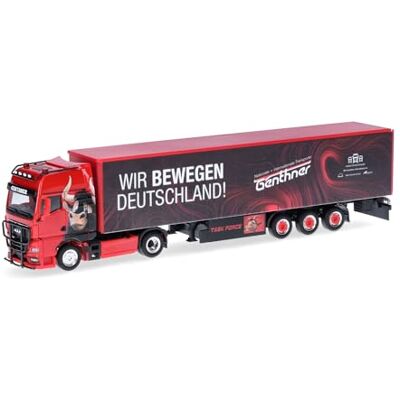 Herpa Model vrachtwagen MAN TGX GX Gardinenpl-Sattelzug "Genthner/Wir bewegen Deutschland" (Baden-Württemberg/Oberderdingen), schaal 1/87, Duits model, verzamelstuk, plastic figuur Herpa Model vrachtwagen MAN TGX GX Gardinenpl-Sattelzug "Genthner/Wir bewegen Deutschland" (Baden-Württemberg/Oberderdingen), schaal 1/87, Duits model, verzamelstuk, plastic figuur