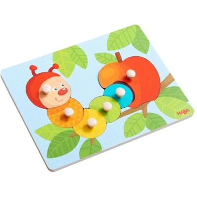 HABA Grijppuzzel van hout met rups en appel, met grote gripvaste houten knoppen, houten speelgoed, geschikt vanaf 12 maanden 303189 HABA Grijppuzzel van hout met rups en appel, met grote gripvaste houten knoppen, houten speelgoed, geschikt vanaf 12 maanden 303189