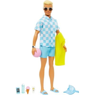 Barbie Strandpop Ken Blond met blauw overhemd en zwemshorts, vizierpet, handdoek en strandaccessoires, speelgoed voor kinderen, vanaf 3 jaar, HPL74 Barbie Strandpop Ken Blond met blauw overhemd en zwemshorts, vizierpet, handdoek en strandaccessoires, speelgoed voor kinderen, vanaf 3 jaar, HPL74