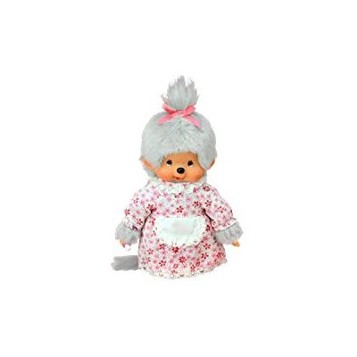 BANDAI Sekiguchi 233150 Original Monchhichi pluche figuur met bloemenjurk, schort en vlecht met strik ca. 20 cm BANDAI Sekiguchi 233150 Original Monchhichi pluche figuur met bloemenjurk, schort en vlecht met strik ca. 20 cm