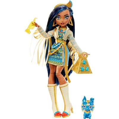 Monster Cable Cleo De Nile HHK54 beweegbare pop met accessoires en hond met blauwe geribbelde haren Monster Cable Cleo De Nile HHK54 beweegbare pop met accessoires en hond met blauwe geribbelde haren
