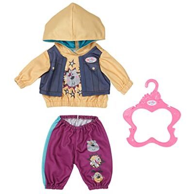 Zapf Creation BABY born 832615 Outfit met capuchon, 43 cm, poppenkledingset bestaande uit broek, trui en hanger in paars en geel Zapf Creation BABY born 832615 Outfit met capuchon, 43 cm, poppenkledingset bestaande uit broek, trui en hanger in paars en geel