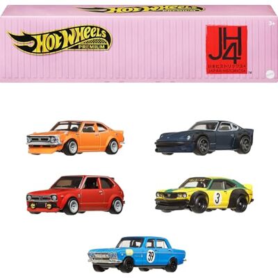 Hot Wheels Premium Car Culture, Geschiedenis van Japan, set van 5 stapelbare Die-Cast-auto's met metalen frame en RealRiders banden, speelgoed voor kinderen, 3+ jaar, HRW84 Hot Wheels Premium Car Culture, Geschiedenis van Japan, set van 5 stapelbare Die-Cast-auto's met metalen frame en RealRiders banden, speelgoed voor kinderen, 3+ jaar, HRW84